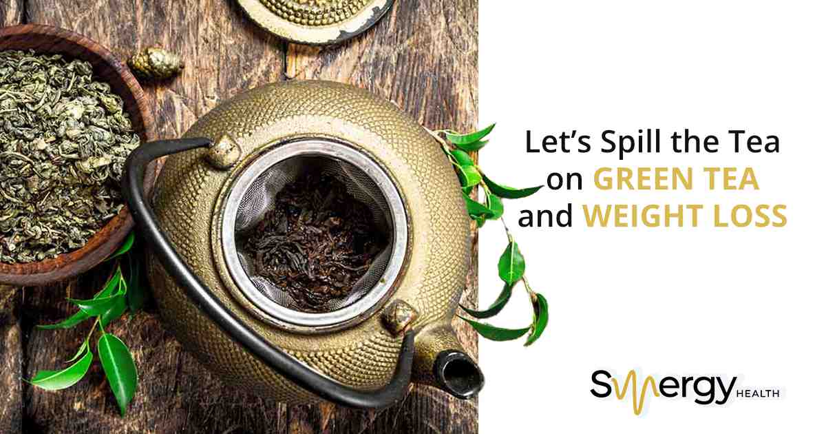 Green tea leaves with teapot, symbolizing Synergy Health’s natural and wellness-oriented services offered.