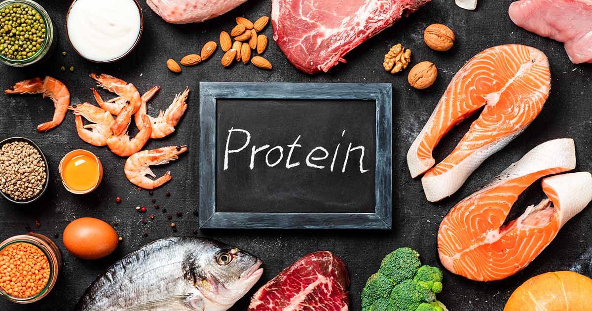 Protein sources food variety showcasing lean meats, eggs, legumes, and dairy, highlighting Synergy Health’s wellness and nutrition-focused healthcare services.