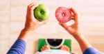 Illustration of weighing healthy choices, showing an apple versus a donut, representing Synergy Health and its wellness-focused services.
